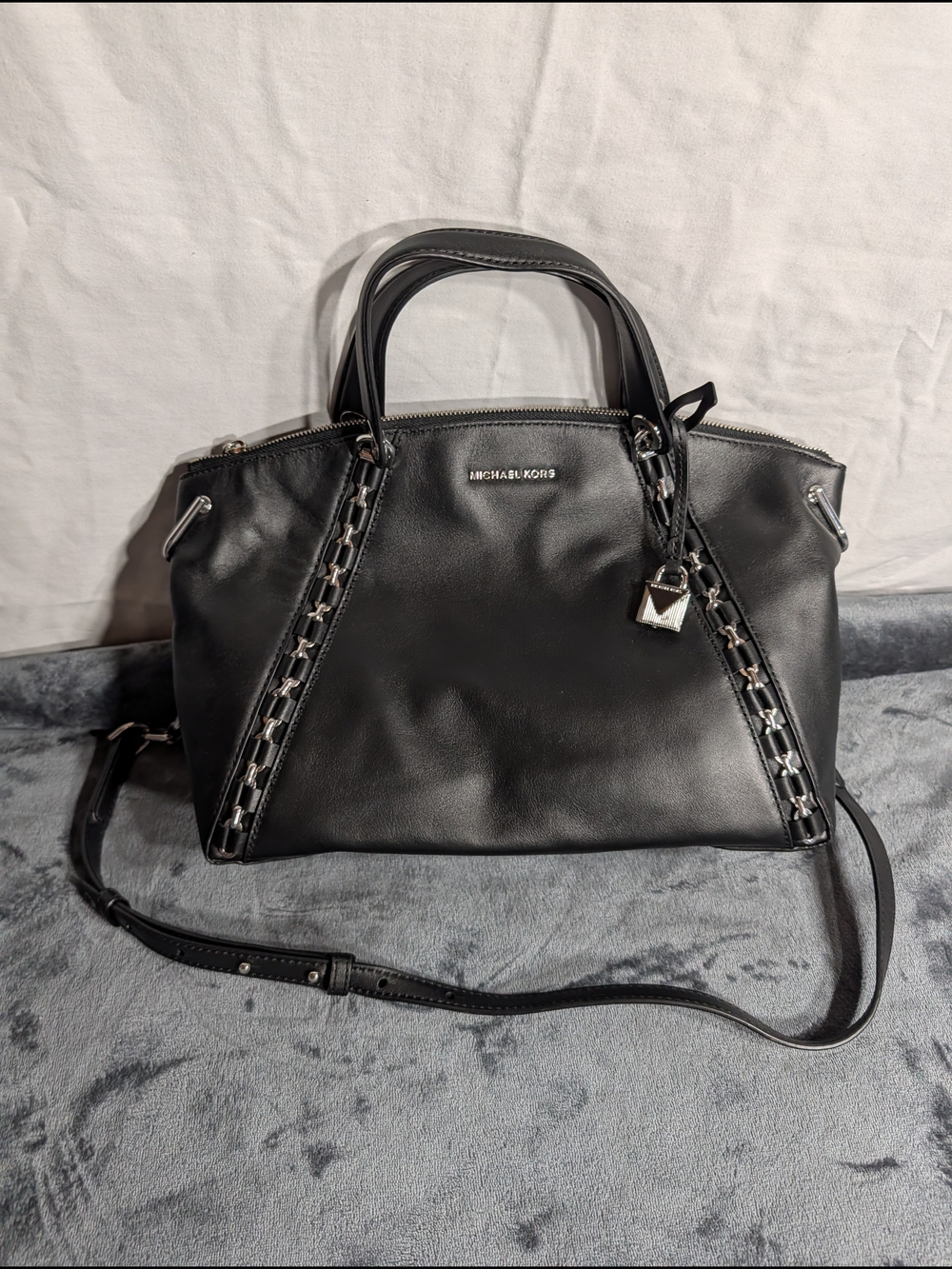 Michael Kors Black Leather Satchel with Chain-Trim